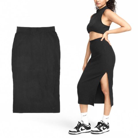 Nike 耐吉 長裙 NSW Chill Knit Skirt 女款 黑 針織 彈性 開衩 裙子 FQ1637-010