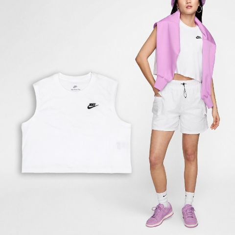 NIKE 耐吉 背心 NSW Club Tee 女款 白 黑 棉質 刺繡 寬鬆 無袖上衣 FV5506-100