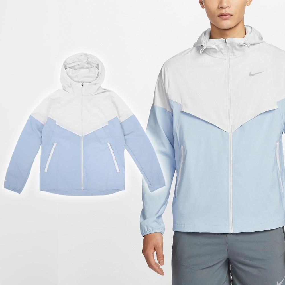 NIKE 耐吉   外套 Windrunner Repel Jacket 男款 藍 白 防潑水 防曬 可收納 連帽外套 FB7541-094