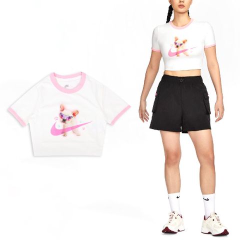 NIKE 耐吉 Nike 耐吉 短版上衣 NSW Tee 白 粉紅 法鬥 短袖 狗狗 上衣 合身 女款 HM4621-133