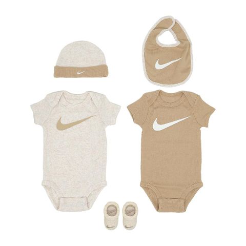 NIKE 耐吉 Nike 耐吉 包屁衣 Baby 小童 嬰兒 小朋友 奶茶 棕 棉質 短袖 帽子 襪子 圍兜 五件組 NY2433010NB-001