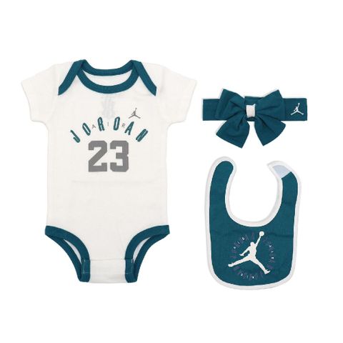 NIKE 耐吉 包屁衣 Jordan Baby Bodysuit 白 綠 短袖 圍兜 頭帶 蝴蝶結 純棉 送禮 寶寶 嬰兒 JD2343021NB-001