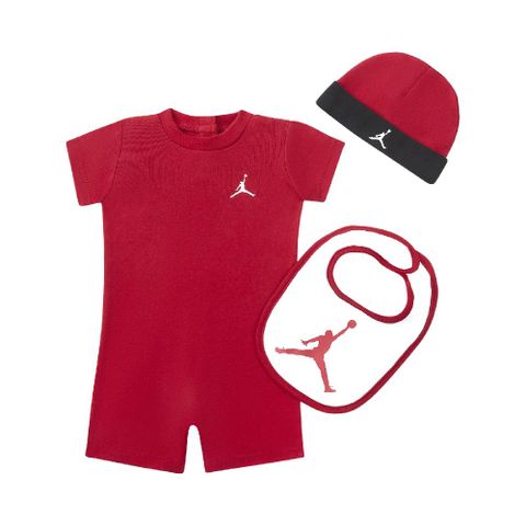 NIKE 耐吉 包屁衣 Jordan Jumpman Baby Rompers 紅 黑 寶寶 帽子 口水巾 純棉 JD2413038NB-001