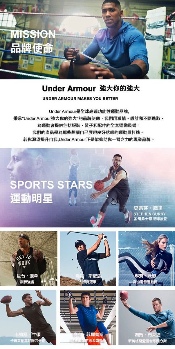 MISSION品牌使命Under Armour 你的強大UNDER ARMOUR MAKES YOU BETTERUnder Armour是球高端功能性運動品牌,秉承Under Armour你的強大的品牌使命,我們用激情、設計和不斷進取,為運動者提供包括服裝、鞋子和配件的全套運動裝備。我們的產品是為那些想讓自己展現良好狀態的運動員打造。若你渴望提升自我,Under Armour正是能夠助你一臂之力的專業品牌。SPORTS STARS運動明星GET TOWORK巨石強森斯皮思訓練強者大師冠軍史蒂芬·庫里STEPHEN CURRY金州勇士隊控球後衛琳賽·沃恩滑雪運動員卡梅隆 牛頓卡羅萊納黑豹隊四麥克菲爾普斯-23奧運游泳金牌全湯姆·布萊迪新英格蘭愛國者隊四分衛