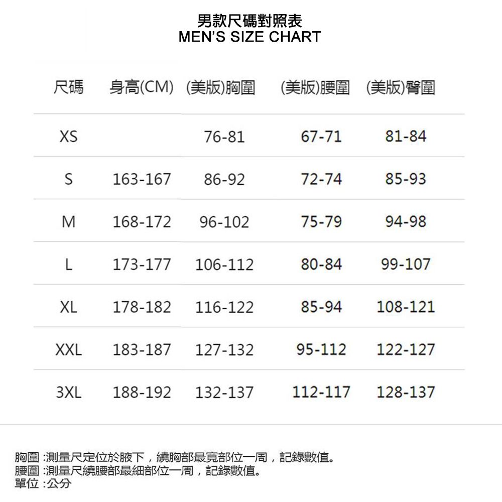 男款尺碼對照表MENS SIZE CHART尺碼 身高CM) (美版)胸圍 (美版)腰圍 (美版)臀圍76-8167-7181-84S163-16786-9272-7485-93Σ168-17296-10275-7994-98L173-177 106-11280-8499-107XL178-182 116-12285-94108-121XXL183-187 127-13295-112122-1273XL 188-192 132-137112-117 128-137胸圍:測量尺定位於腋下,繞胸部最部位一周,記錄數值。腰圍:測量尺繞腰部最細部位一周,記錄數值。單位:公分