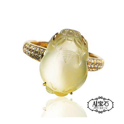 【A1寶石】天然緬甸A貨-收藏級玻璃種翡翠起螢光貔貅鑽石戒子(6-BR-45KT)