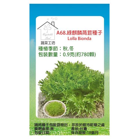 【蔬菜工坊】A68.綠麒麟萵苣種子0.9克(約780顆)