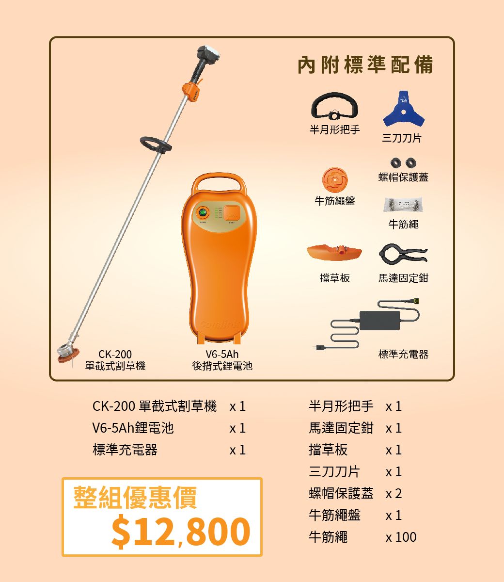 CK-200V6-5Ah內附標準配備半月形把手三刀刀片螺帽保護蓋牛筋繩盤牛筋繩擋草板馬達固定鉗標準充電器單截式割草機後揹式鋰電池CK-200 單截式割草機 1半月形把手 V6-5Ah鋰電池x1標準充電器x1馬達固定鉗 x1擋草板 x1三刀刀片 x1整組優惠價螺帽保護蓋 x2$12,800牛筋繩牛筋繩盤 x1