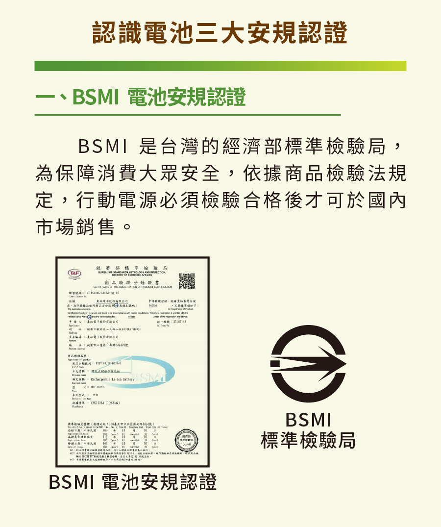認識三大安認證BSMI 電池安規認證BSMI 是台灣的濟部局為保障消費大眾檢驗法規定行動電源必須檢驗合格後才於國內銷售TAF經濟部標準檢驗局   METROLOGY   OF  商品   電申請驗證經符合規定子商品安全碼,事項如下              ,    wi th東林股份場 東林電子有限公司市號商品  商品 中文名稱 可電池  型式-   依據標準     編號 )標準檢驗局(: 段號::7驗證,113:證書檢驗程序,不如。BSMIBSMI 電池安規認證BSMI標準檢驗局