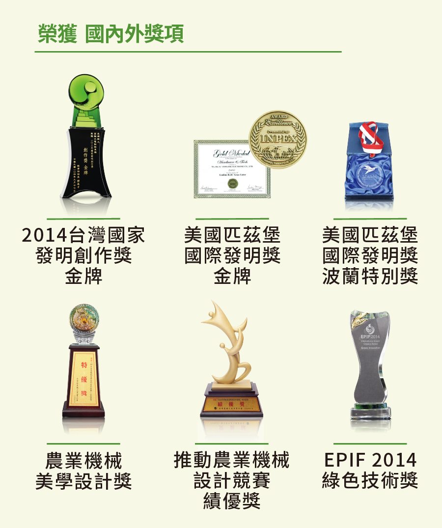 榮獲 國內外項獎 AWARD  INPEX 2014台灣國家發明創作獎美國匹茲堡美國匹茲堡金牌國際發明獎金牌國際發明獎波蘭特別獎特優農業機械美學設計獎箱優獎EPIF 2014 推動農業機械設計競賽EPIF 2014綠色技術獎績優獎