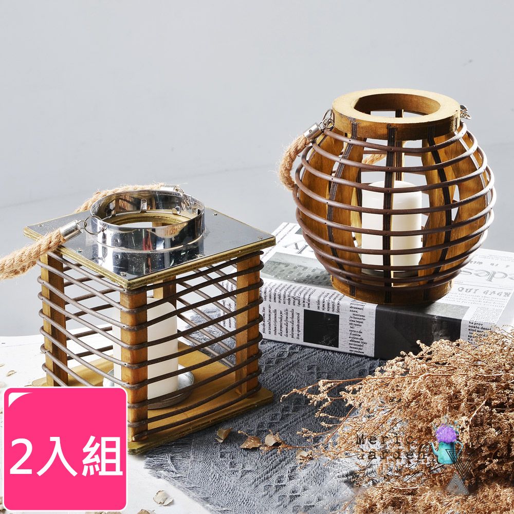Meric Garden 北歐復古創意木質麻繩燭台/家居裝飾擺設_2入/組(方形+圓形)