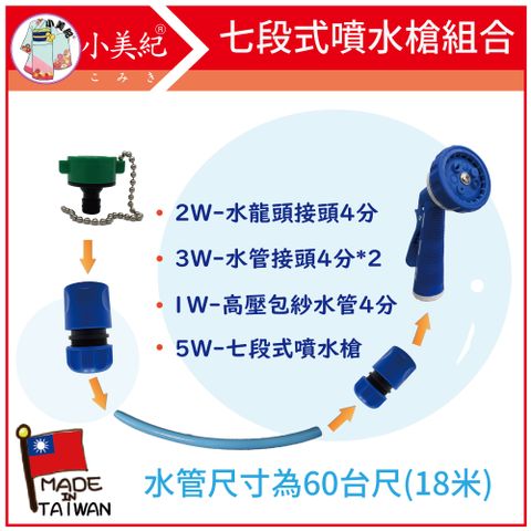 小美紀 七段式噴水槍組合-15台尺 (水龍頭接頭+水管接頭*2(個)+高壓包紗水管-15台尺+七段式噴水槍)