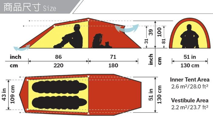 43 in109 inch商品尺寸 Size8671220180σε31-51 ininch130 cmcm81-10051 in130 cmInner Tent Area2.6 /28.0 Vestibule Area2.2 /23.7