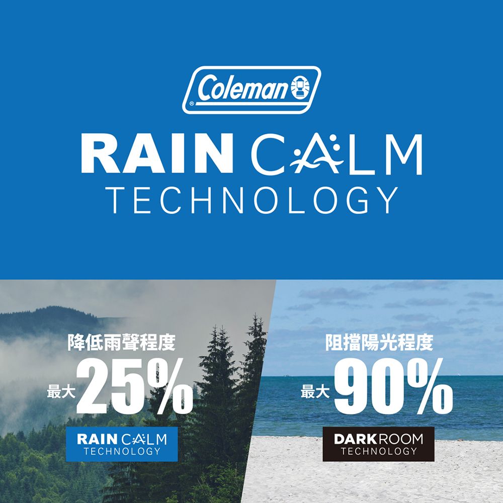 ColemanRAIN CALMTECHNOLOGY降低雨聲程度最大25%RAIN CALMTECHNOLOGY最大阻擋陽光程度90%DARKROOMTECHNOLOGY