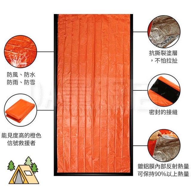 防風、防水防雨、防雪抗撕裂塗層,不怕拉扯能見度高的橙色信號救援者密封的接縫鍍鋁膜內部反射熱量可保持90%以上熱量
