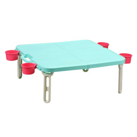 【日本Livewell】馬卡龍色系輕量便攜摺疊野餐桌(附杯架)(粉藍)