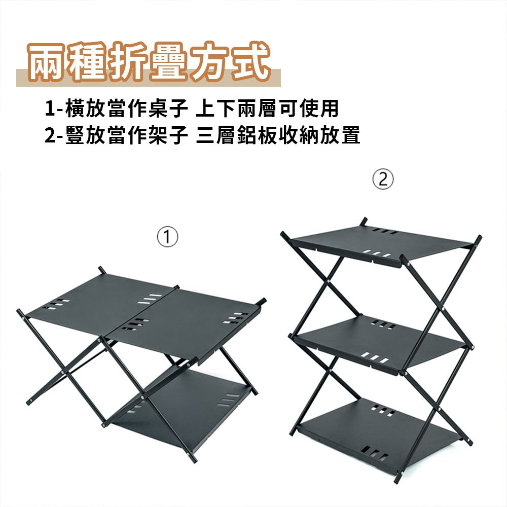 兩種折疊方式1-橫放當作桌子 上下兩層可使用2-豎放當作架子 三層鋁板收納放置2