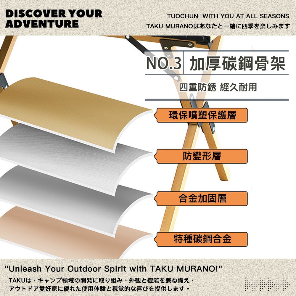 DISCOVER YOURADVENTURETUOCHUN WITH YOU AT ALL SEASONSTAKU MURANO四季寸NO.3 加厚碳鋼骨架四重防銹 經久耐用環保噴塑保護層防變形層合金加固層特種碳鋼合金Unleash Your Outdoor Spirit with TAKU MURANO!TAKUは、キャンプ領域の開発に取り組み、外観と機能を兼ね備え、アウトドア愛好家に優れた使用体験と視覚的な喜びを提供します。