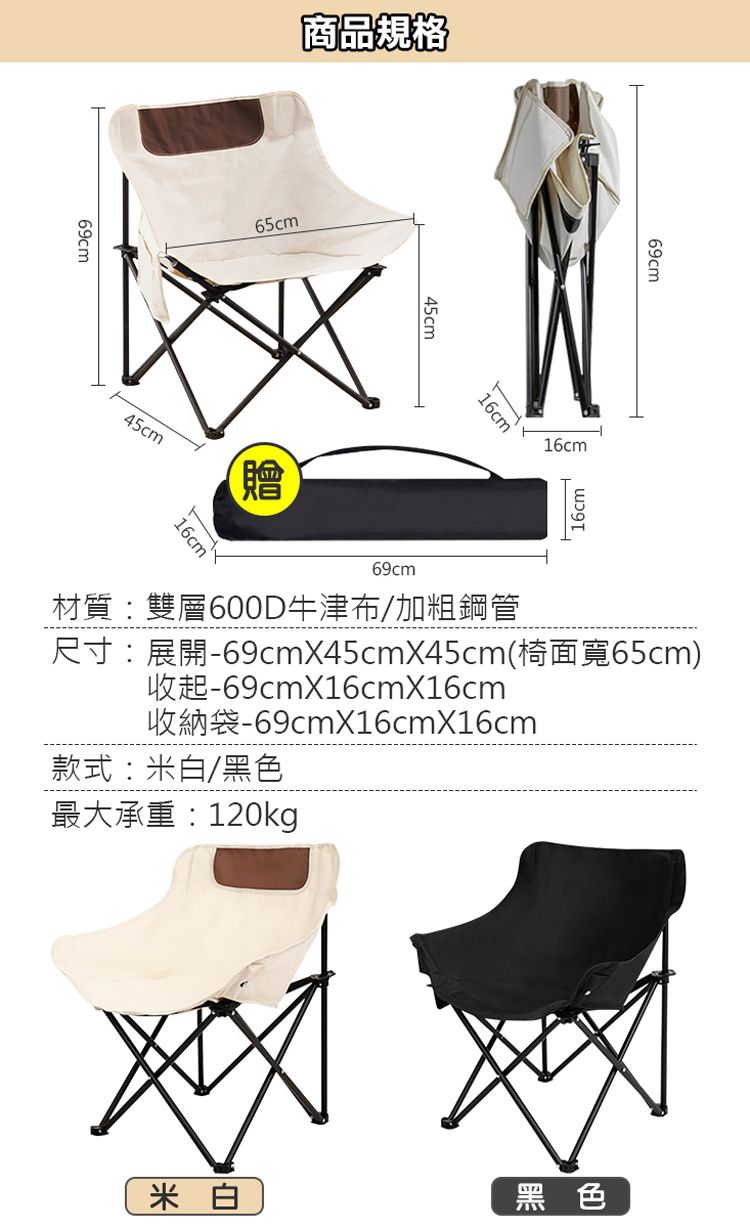 69cm商品規格65cm贈45cm45cm69cm16cm69cm16cm16cm材質:雙層600D牛津布/加粗鋼管尺寸:展開-69cmX45cmX45cm(椅面寬65cm)收起-69cmX16cmX16cm收納袋-69cmX16cmX16cm款式:米白/黑色最大承重:120kg米白黑色