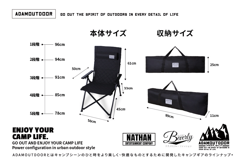 ADAM GO OUT THE   OUTDOORS   DETAIL OF 本体サイズ1段階  96cm2段階 94cm50cm3段階 91cm4段階 85cm5段階 •78cm50cm61cm33cm収納サイズ45cm89cm25cm11cmENJOY YOURCAMP LIFE.GO OUT AND ENJOY YOUR CAMP LIFEPower configuration in urban outdoor styleNATHAN ENTERTAINMENT COMPANYテクノロジー・ファッションADAMOUTDOORアウトドアキャンプCARRY OUT THE SPIRIT OF OUTDOOR INEVERY DETAIL OF LIFEADAMOUTDOORとはキャンプシーンのひと時をより楽しく、快適なものとするために開発したキャンプギアのラインナップ。