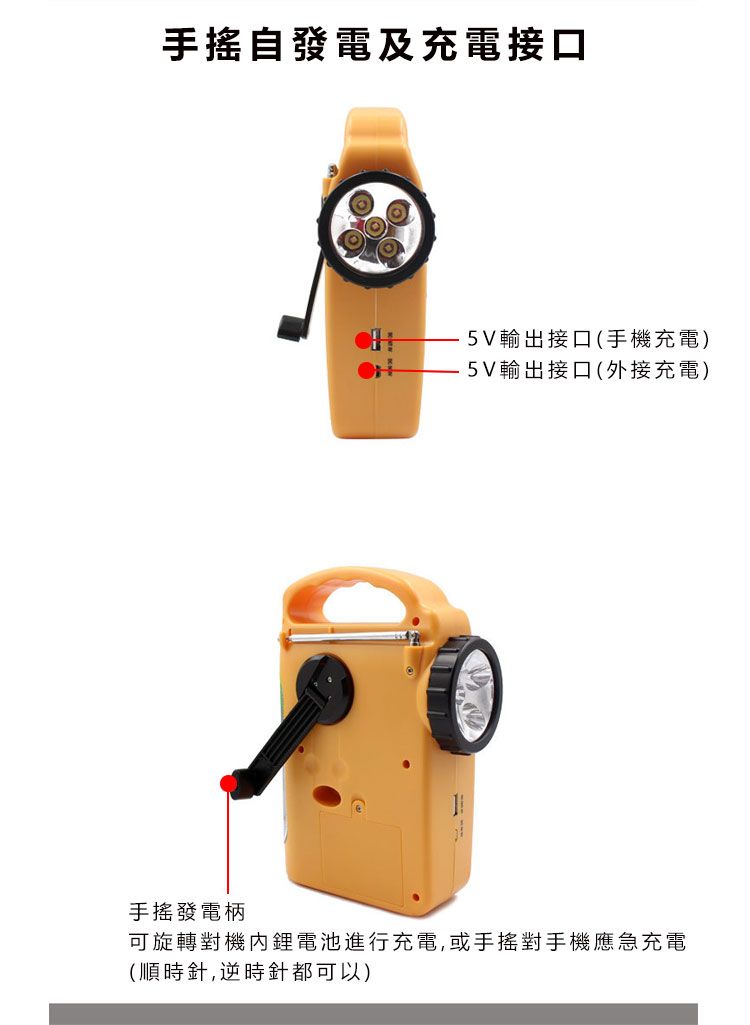 自發電及充電接口5V輸出接口(手機充電)5V輸出接口(外接充電)手搖發電柄可旋轉對機內鋰電池進行充電,或手搖對手機應急充電(順時針,逆時針都可以)