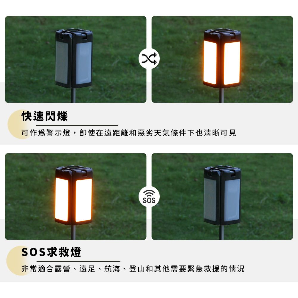 快速閃爍可作為警示燈,在遠距離和惡劣天氣條件下也清晰可見SOSSOS求救燈非常適合露營、遠足、航海、登山和其他需要緊急救援的情況