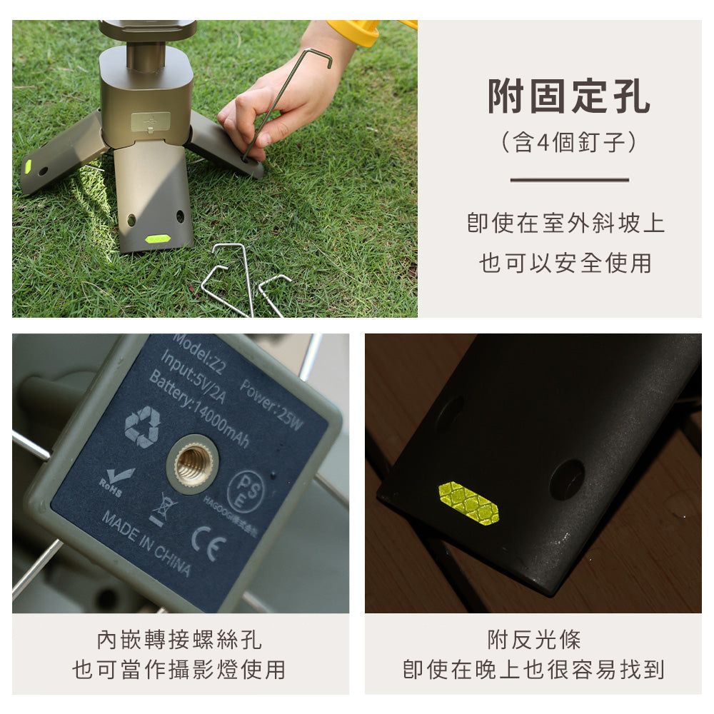 Model:Z2Input:5V/2ABattery:14000mAhPower:25WPS)(HAGOOGIMADE IN CHINA內嵌轉接螺絲孔也可當作攝影燈使用附固定孔(含4個釘子)在室外斜坡上也可以安全使用附反光條使在晚上也很容易找到