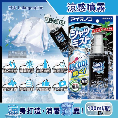 日本hakugen白元-夏日降溫衣物除臭涼感噴霧-酷涼薄荷100ml黑瓶5年效(露營,運動,單車,爬山,路跑,外送皆適用)