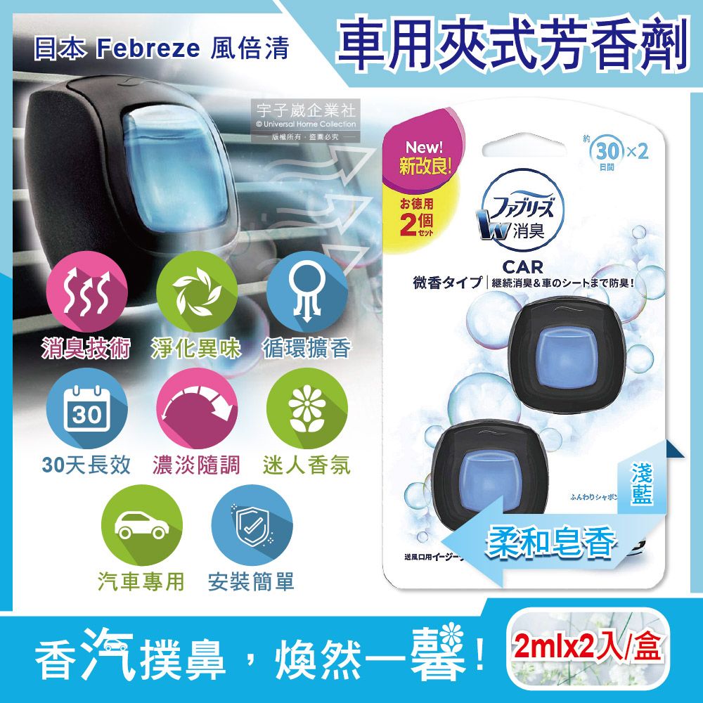 風倍清 日本Febreze-汽車空調出風口專用W消臭香氛夾式空氣芳香劑2ml柔和皂香(淺藍)2入/盒(濃淡可調)