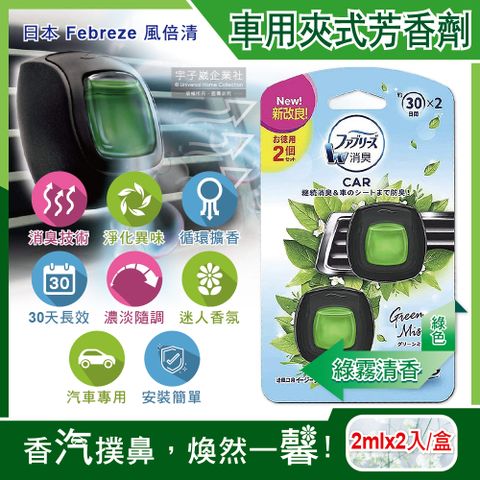 風倍清 日本Febreze-汽車空調出風口專用W消臭香氛夾式空氣芳香劑2ml綠霧清香(綠色)2入/盒(濃淡可調)