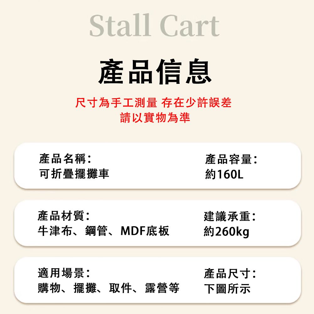 Stall Cart產品信息尺寸為手工測量 存在少許誤差請以實物為準產品名稱:產品容量:可折疊擺攤車約160L產品材質:建議承重:牛津布、鋼管、MDF底板約260kg適用場景:產品尺寸:購物、擺攤、取件、露營等下圖所示