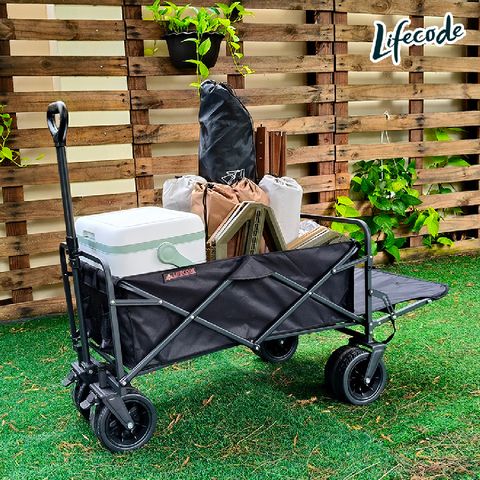 LIFECODE 生活密碼 露營推車-尾部可打平(加大84*50cm-7吋寬輪-帶剎車)+送推車掛袋-黑色