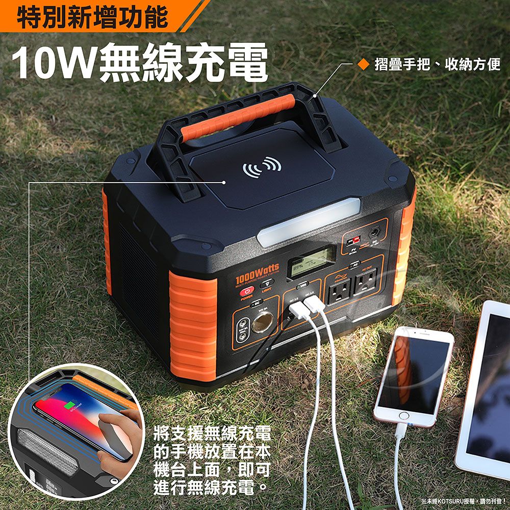 特別新增功能10W無線充電摺疊手把、收納方便1000WattsPOWER將支援無線充電的手機放置在本機台上面,即可進行無線充電。※未經KOTSURU授權,請勿刊登!