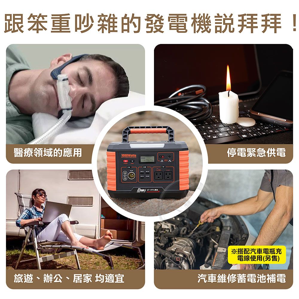 跟笨重吵雜的發電機說拜拜!醫療領域的應用停電緊急供電1000Watts※搭配汽車電瓶充電線使用(另售)旅遊、辦公、居家 均適宜汽車維修蓄電池補電