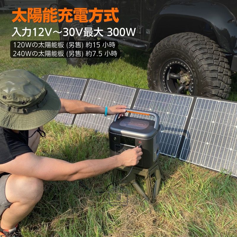太陽能充電方式入力12V~30V最大 300W120Wの太陽能板(另售)約15 小時240Wの太陽能板(另售)約7.5小時