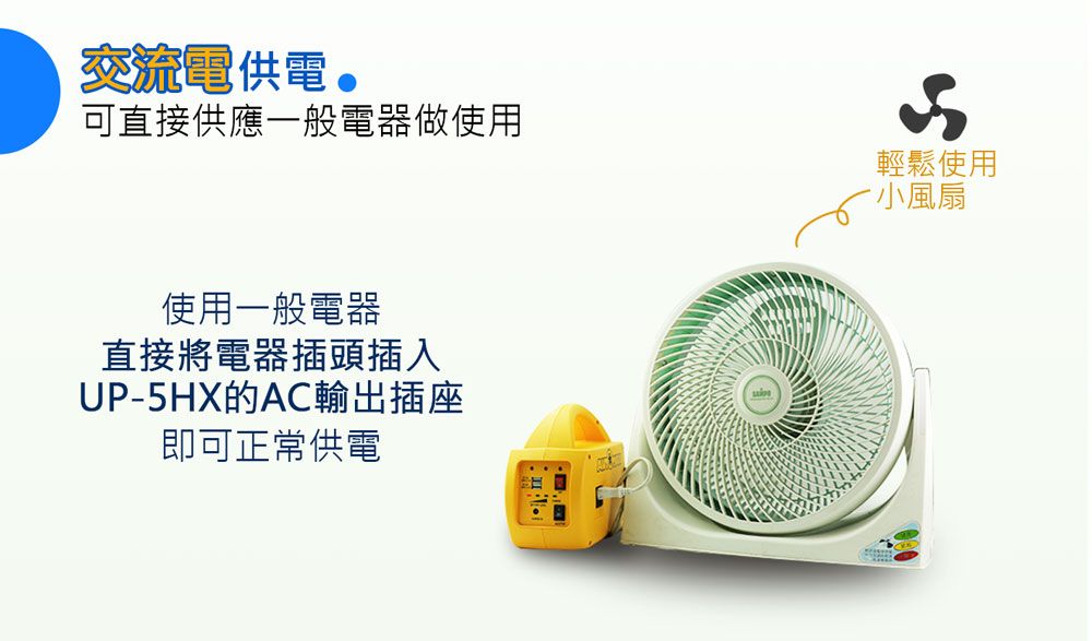 交流電供電可直接供應一般電器做使用輕鬆使用小風扇使用一般電器直接將電器插頭插入UP-5HX的AC輸出插座即可正常供電