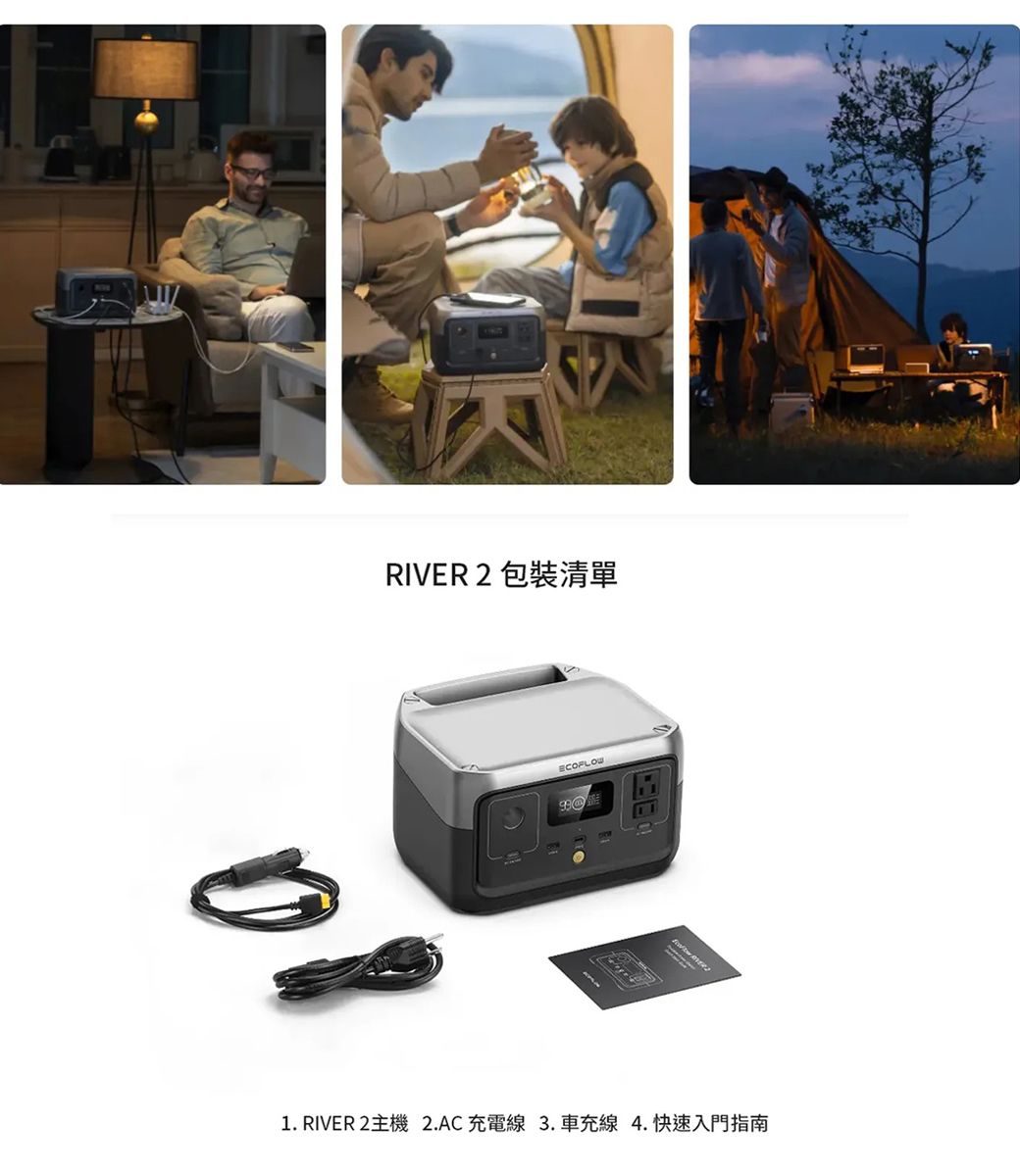 RIVER 2 包裝清單991. RIVER 2主機2.AC充電線 3.車充線4.快速入門指南