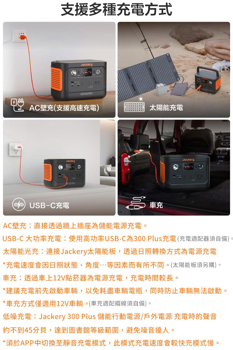 支援多種電方式AC壁充支援速充電)太陽能充電JackeryJackery( USB-C充電高充AC壁充:直接透過牆上插座為儲能電源充電。USB-C 大功率充電:使用高功率USB-C為300 Plus充電(充電適配器須自備)。太陽能光充:連接Jackery太陽能板,透過日照轉換方式為電源充電*充電速度會因日照狀態、角度等因素而有所不同。(太陽能板須另購)。車充:透過車上12V點菸器為電源充電,充電時間較長。*建議充電前先啟動車輛,以免耗盡車輛電瓶,同時防止車輛無法啟動。*車充方式僅適用12V車輛,(車充適配纜線須自備)。低噪充電:Jackery 300 Plus 儲能行動電源/戶外電源 充電時的聲音約不到45分貝,達到圖書館等級範圍,避免噪音擾人。*須於APP中切換至靜音充電模式,此模式充電速度會較快充模式慢。