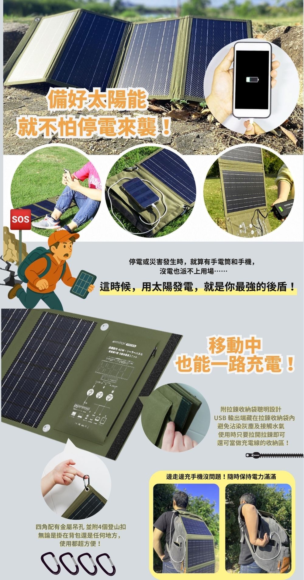 備好太陽能就停電來襲停電或災害發生時,就算有手電筒和手機,沒電也派不上用場……這時候,用太陽發電,就是你最強的後盾!  移動中也能一路充電!四角配有金屬吊孔並附4個登山扣無論是掛在背包還是任何地方,使用都超方便!0000附拉鍊收納袋聰明設計USB 輸出端藏在拉鍊收納避免沾染灰塵及接觸水氣使用時只要拉開拉鍊即可還可當做充電線的收納區!邊走邊充手機沒問題!隨時保持電力滿滿