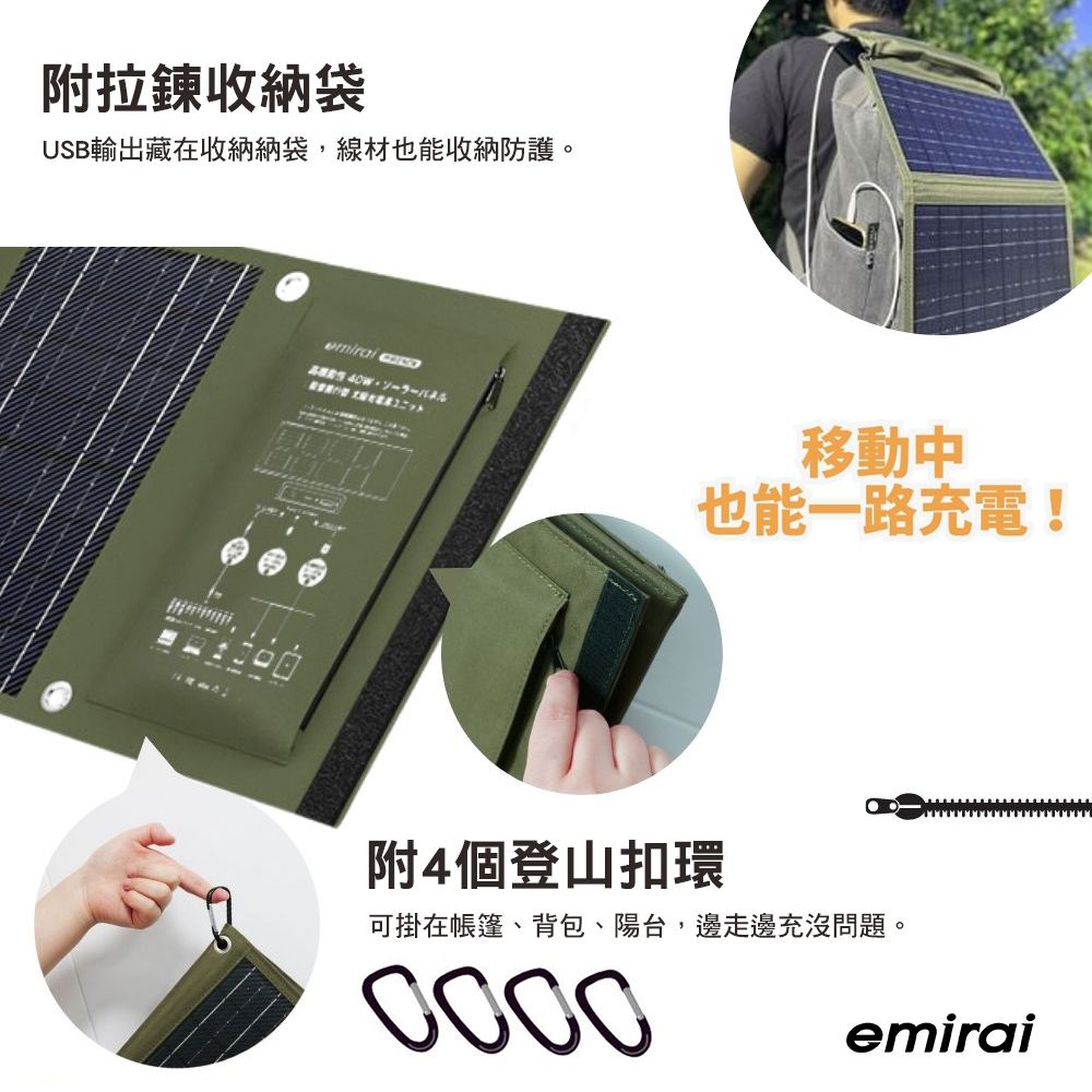 附拉鍊收納袋USB輸出藏在收納納袋,線材也能收納防護。 移動中也能一路充電!附4個登山扣環可掛在帳篷、背包、陽台,邊走邊充沒問題。0000emirai