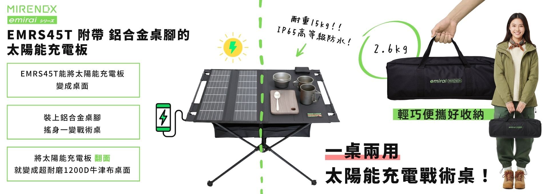 emirai EMRS45T 附帶 鋁合金桌腳的太陽能充電板EMRS45T能將太陽能充電板變成桌面耐重15kg!!IP65高等級防水!emirai MIRENDX裝上鋁合金桌腳搖身一變戰術桌將太陽能充電板 翻面就變成超耐磨1200D牛津布桌面一桌兩用輕巧便攜好收納太陽能充電戰術桌!