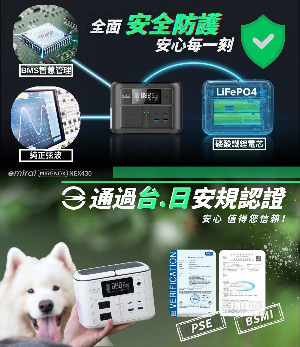 MIRENEXBMS智慧管理全面安全防護安心每一刻LiFePO4 磷酸鐵鋰電芯|純正弦波emirai  NEX430通過日安規認證888 VERIFICATION安心 值得您信賴!PSEBSMI