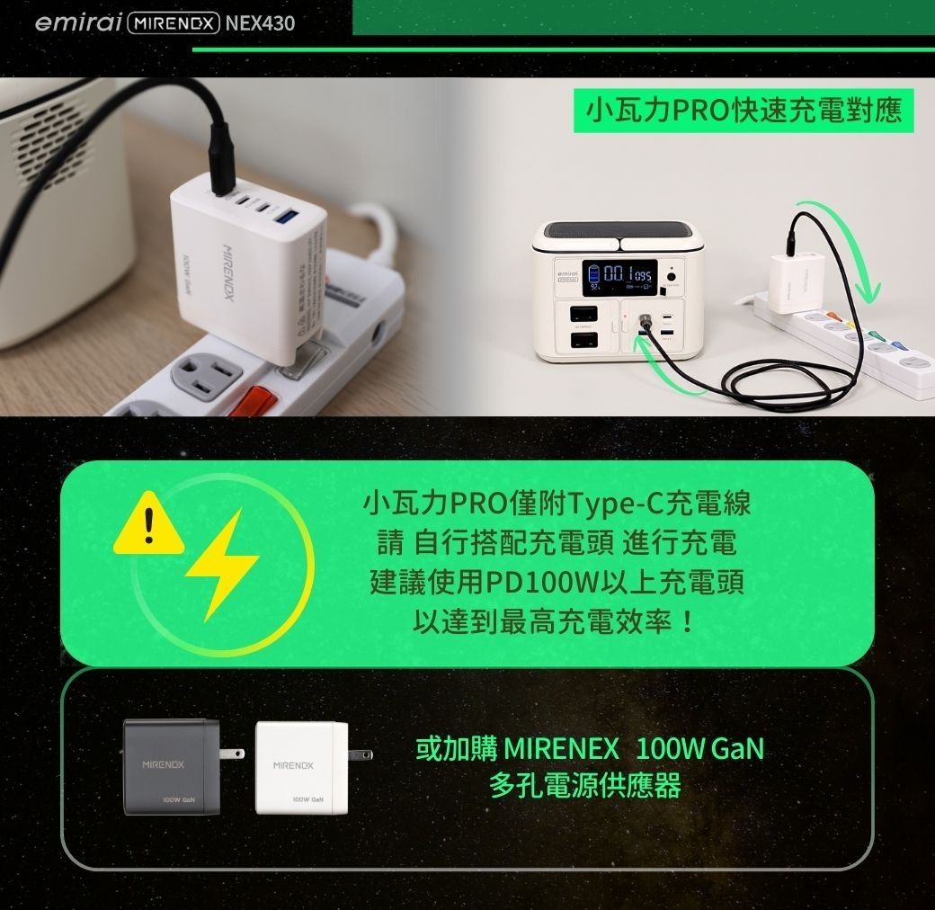 emirai  NEX30MIRENDX小瓦力PRO快速充電對應 4小瓦力PRO僅附Type-C充電線請自行搭配充電頭 進行充電建議使用PD以上充電頭以達到最高充電效率!MIRENDX MIRENDX100W 或加購 MIRENEX 100W GaN多孔電源供應器