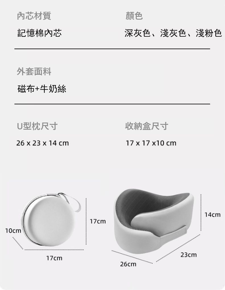 芯材質記憶棉內芯外套面料磁布+牛奶絲U型枕尺寸顏色深灰色、淺灰色、淺粉色收納盒尺寸26  23 x 14 cm17 x 17 x10cm10cm17cm17cm26cm23cm14cm