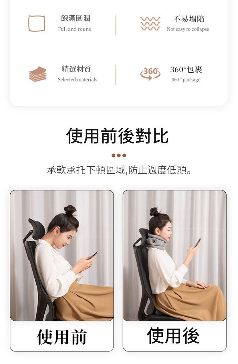 飽滿圓潤Full and round不易塌陷Not easy to collapse精選材質360Selected materials360°包裹360 ° package使用前後對比承軟承托下頓區域,防止過度低頭。使用前使用後