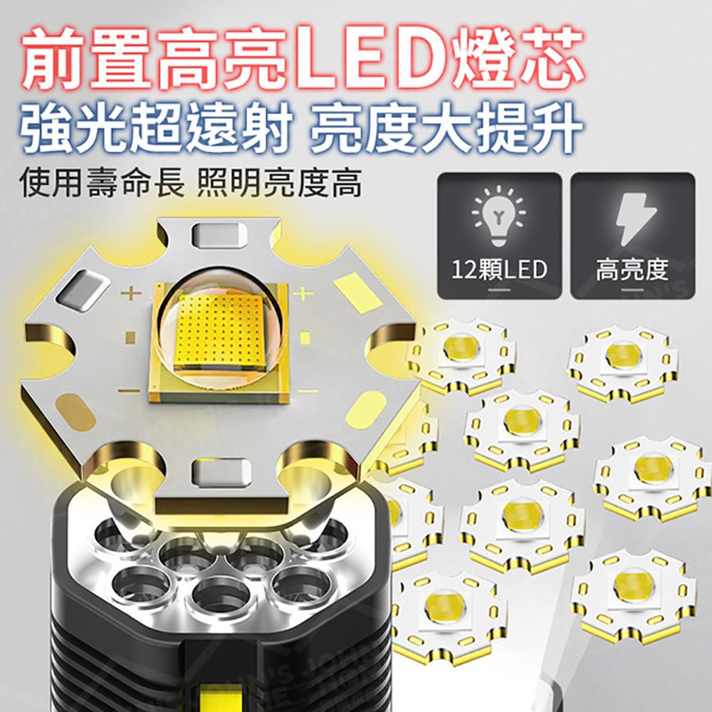  12LED雙光源手電筒 強光遠射 探照燈 LED燈 露營燈 應急照明