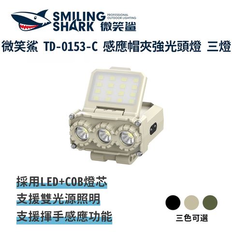 微笑鯊【TD0153 感應帽夾強光頭燈 三燈】防水 露營燈 帽沿燈 工作燈 釣魚頭燈 登山 感應頭燈 戶外照明