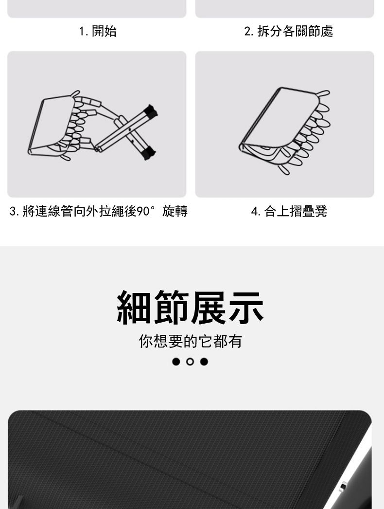 1. 開始2. 拆分各關節處3. 將連線管向外拉繩後90°旋轉4.合上摺疊細節展示你想要的它都有