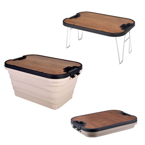 【Truly House】多合一大容量摺疊收納箱 原木露營桌/摺疊桌/收納籃(三色任選)