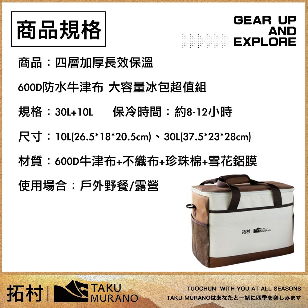 GEAR UP商品規格AND EXPLORE商品:四層加厚長效保溫600D防水牛津布 大容量冰包超值組規格: 保冷時間:約8-12小時尺寸:10L(26.5*18*20.5cm)、30L(37.5*23*28cm)材質:600D牛津布+不織布+珍珠棉+雪花鋁膜使用場合:戶外野餐/露營TAKU 拓村TAKUMURANOTAKU MURANOTUOCHUN WITH YOU AT ALL SEASONS四季